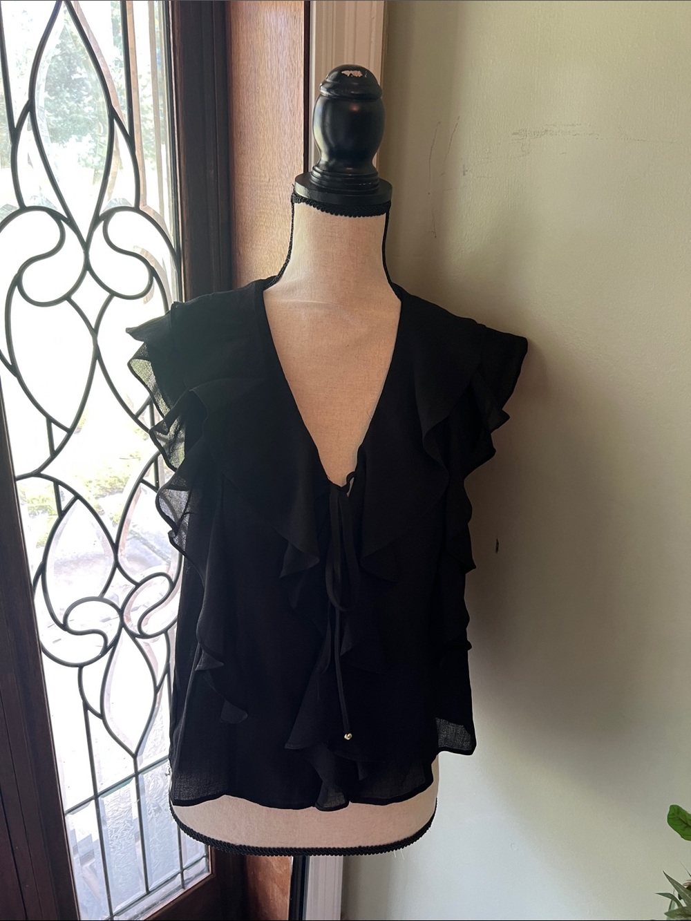 Muse Black Ruffle Tie-Front V-Neck Blouse